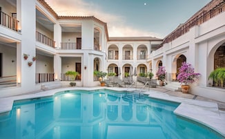 Una piscina al aire libre, tumbonas