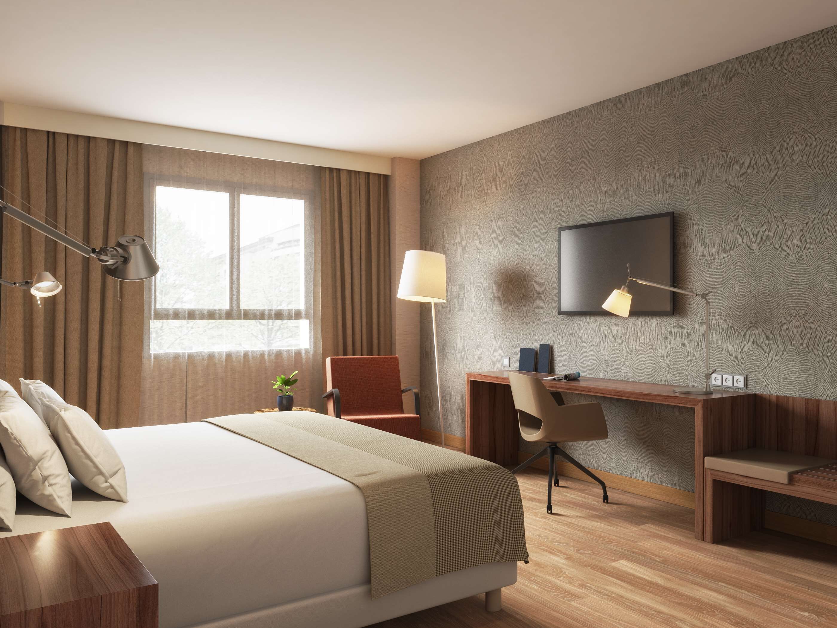 Een hotelkamer met een bed, bureau, stoel en een televisie aan de muur.