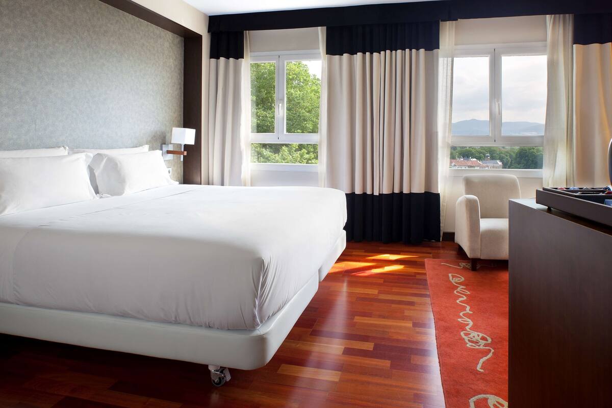 Camera d'albergo con un letto grande, una scrivania e una sedia. Alle finestre sono presenti delle tende e la stanza offre vista sul verde.