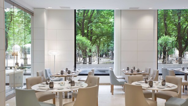 Un comedor moderno con mesas y sillas redondas, ventanas amplias con vistas a árboles y un parque.