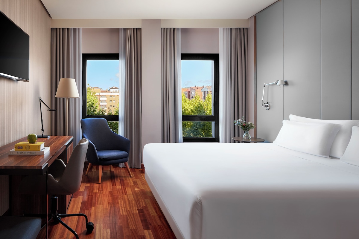 Habitación de hotel con cama, escritorio con silla, televisión y dos ventanas con cortinas.