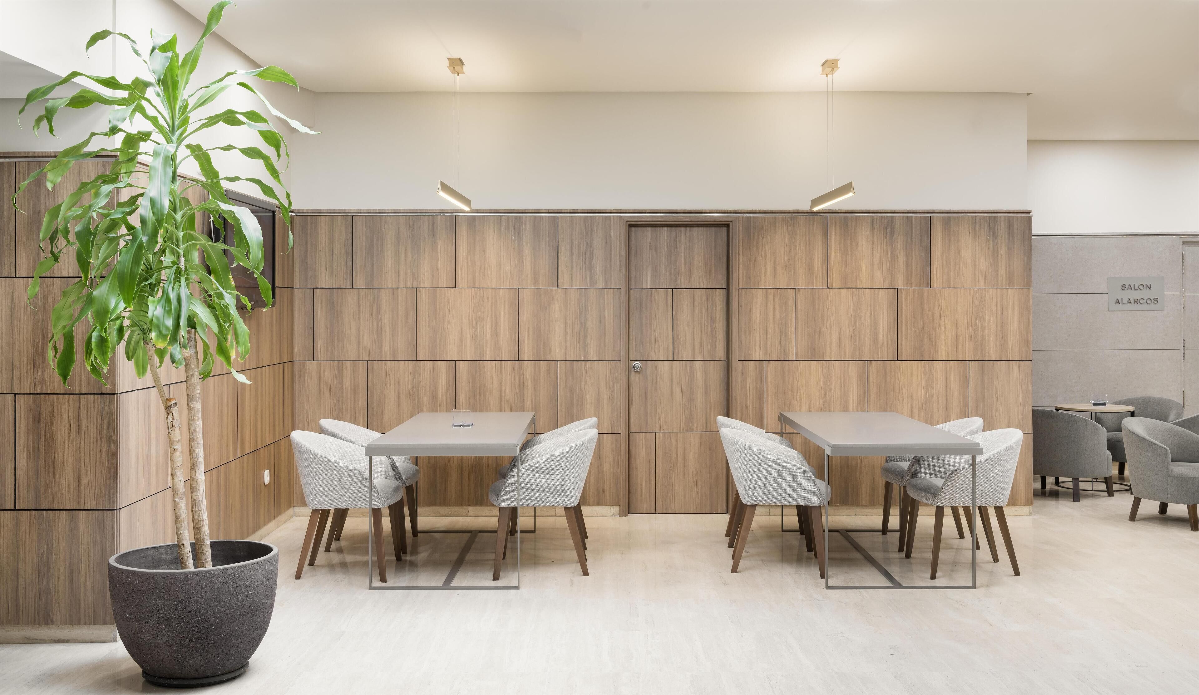 Een modern interieur met een eethoek, bestaande uit een tafel en stoelen, een grote potplant en een houten wand met een 'SALON ALARCOS' bord.