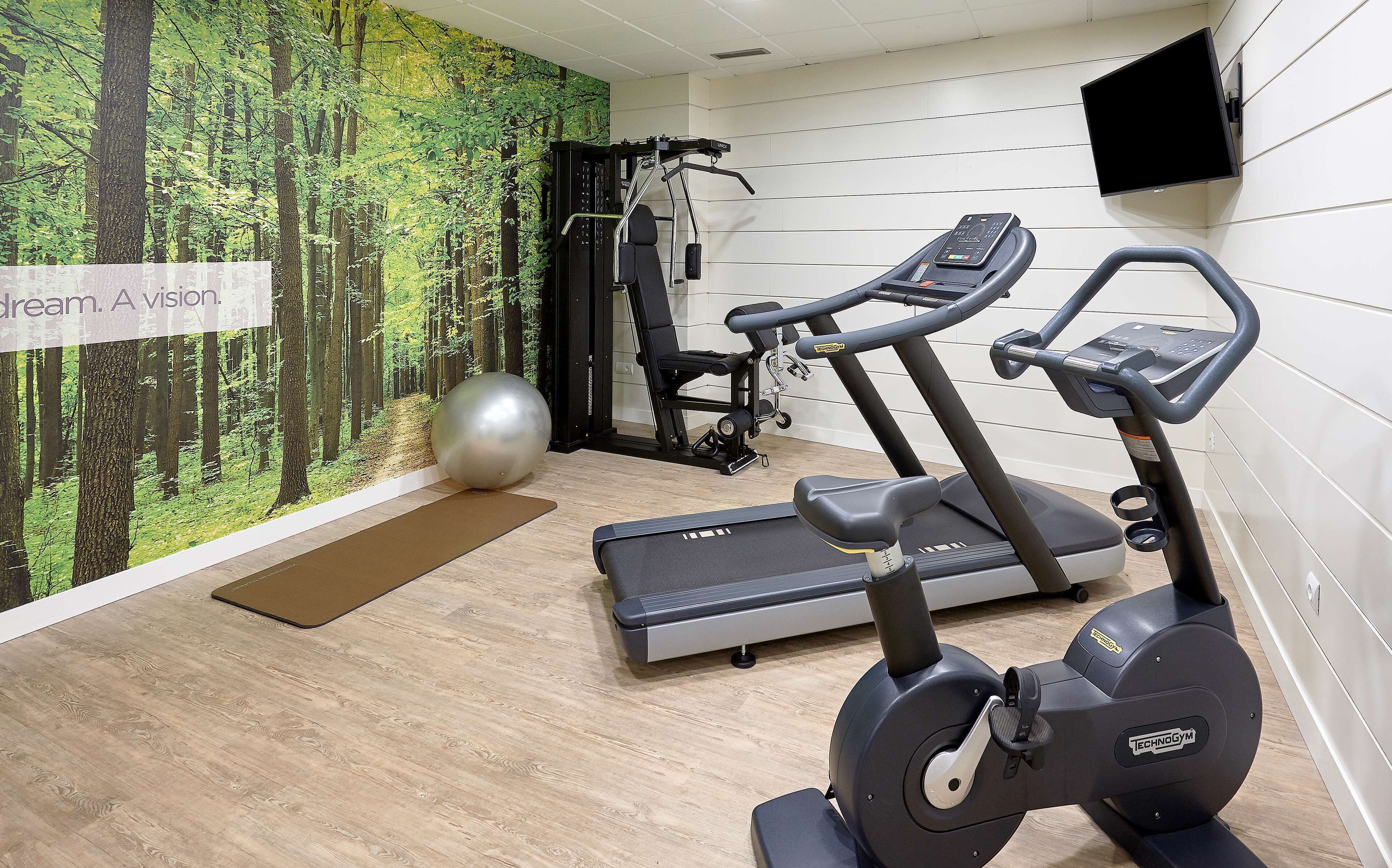 Un gimnasio con cintas de correr, elípticas y bicicletas estáticas.