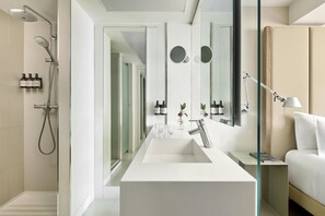 Shower, rainfall showerhead, eco-friendly toiletries, hair dryer