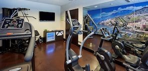 Une salle de sport équipée de machines de cardio, d’un téléviseur et ornée d’une fresque murale représentant un paysage.