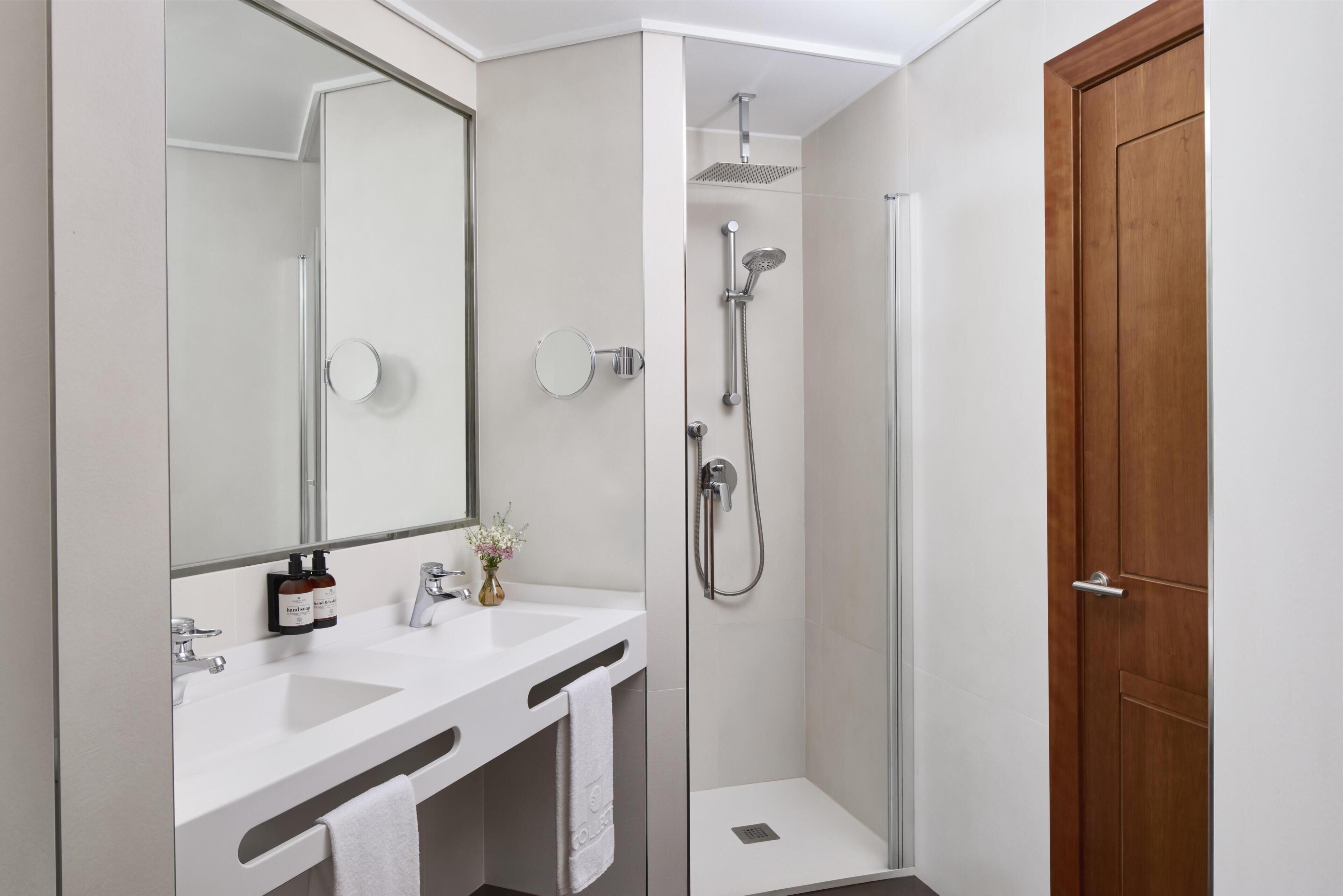 A modern bathroom with a shower, a sink with hand soap, and a mirror.