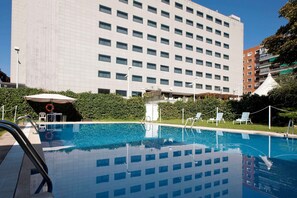 Seasonal outdoor pool, pool umbrellas, pool loungers
