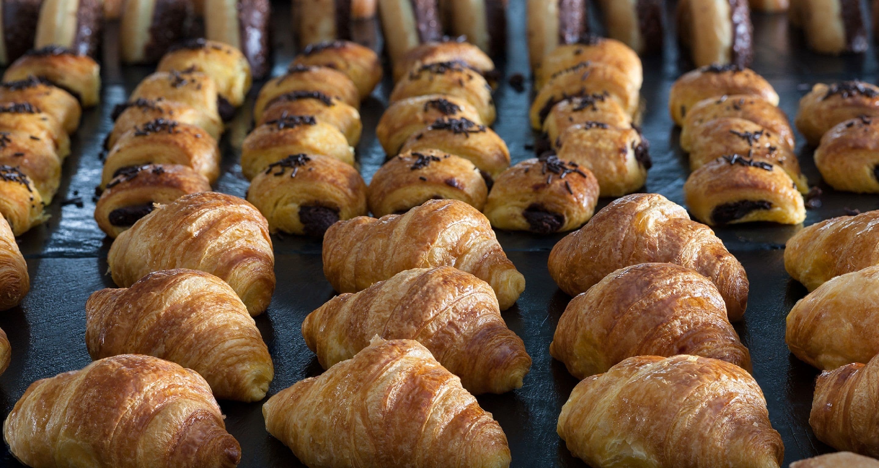 A tray of golden-brown croissants arranged in rows.