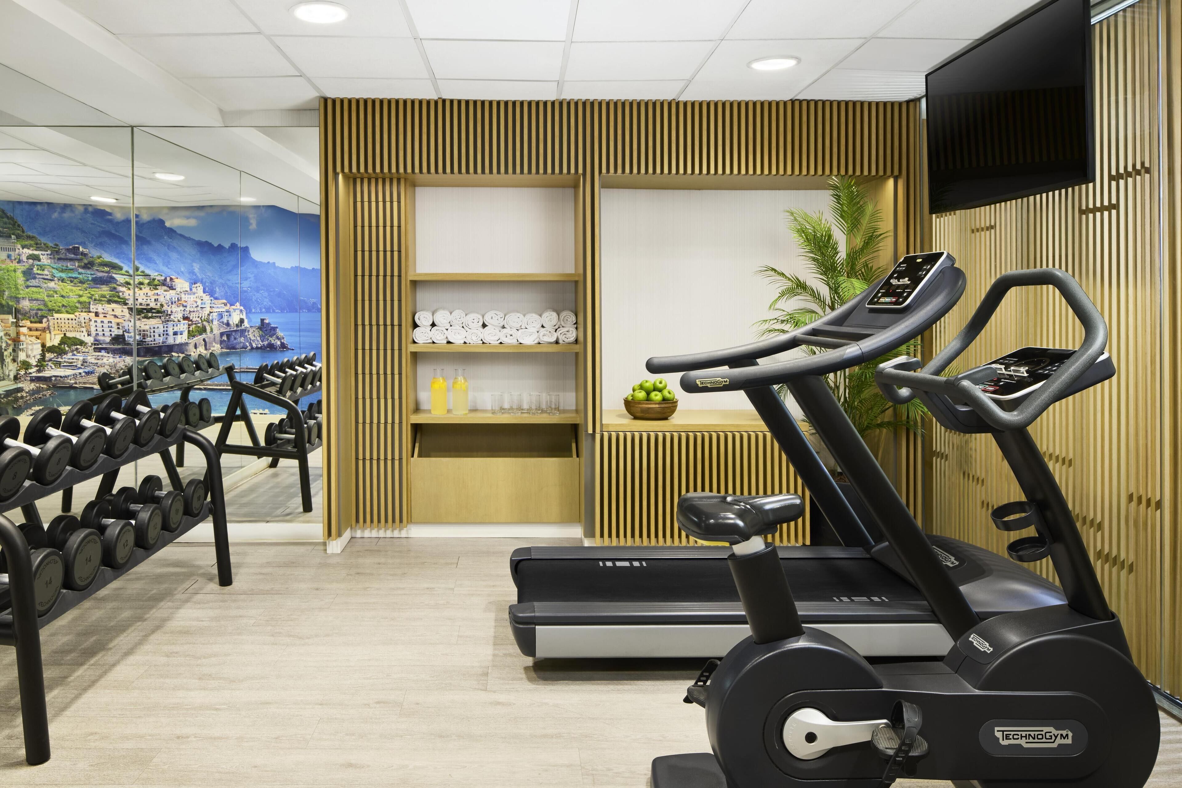 A gym with treadmills, a wall-mounted TV, and a scenic mural.
