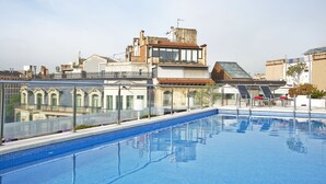 Ein Dachpool mit Glasbrüstung, umgeben von Gebäuden mit klassischer Architektur.