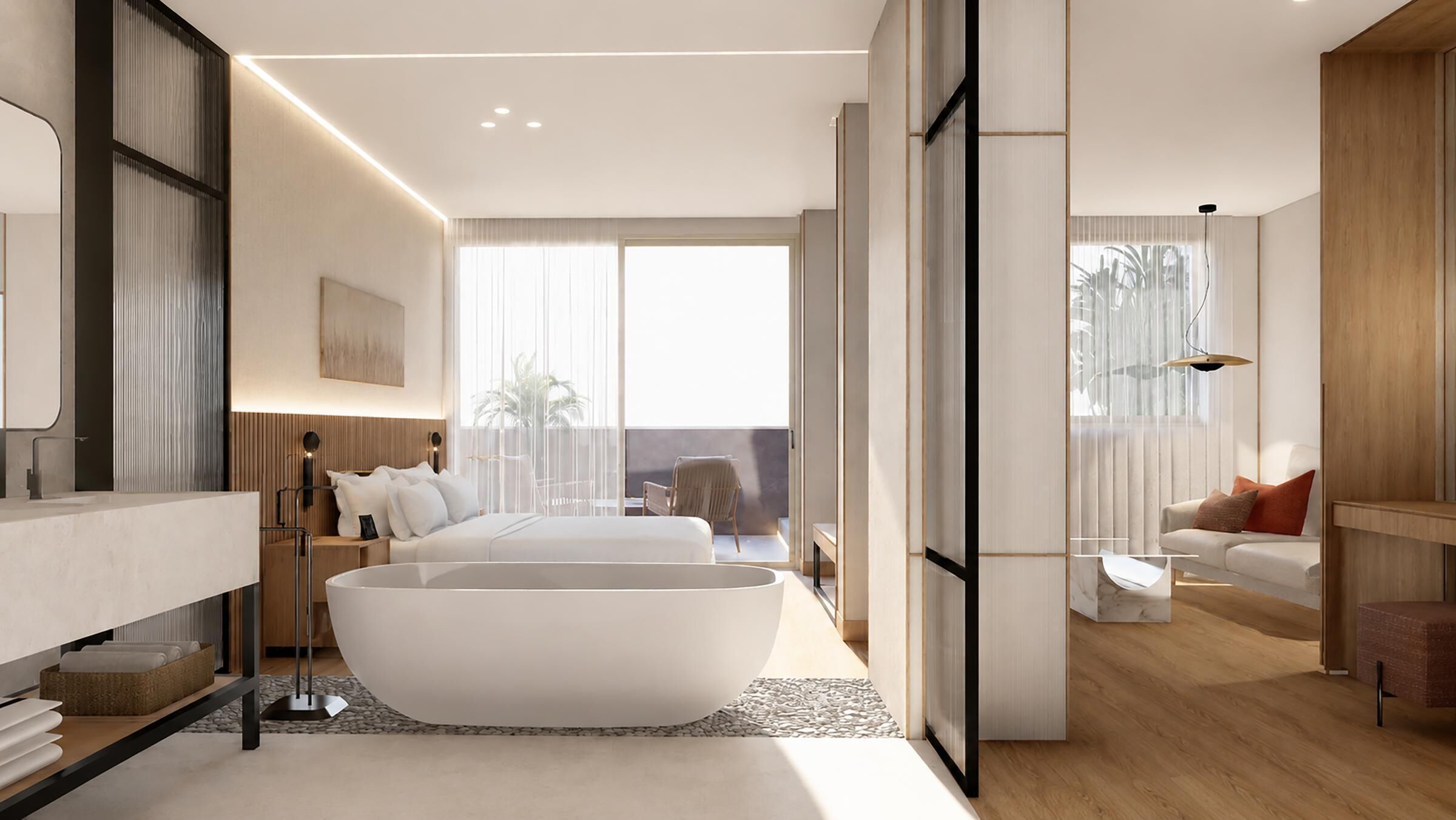 Una habitación de hotel moderna con una bañera grande, un sofá y un comedor.