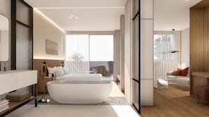 A modern hotel room with a large bathtub, a sofa, and a dining area. - Hotel Murcia Rincón de Pepe Affiliated by Meliá (Murcia)