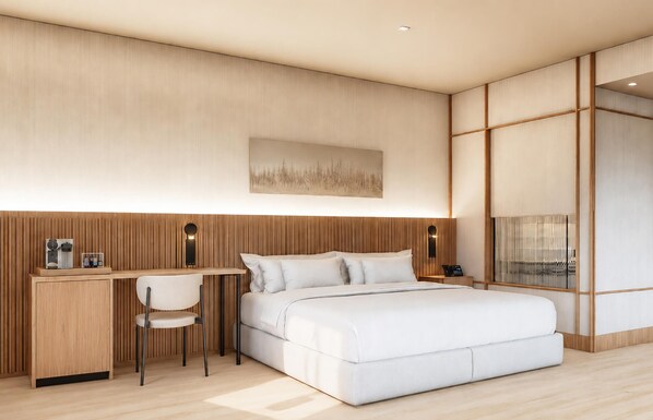 A modern bedroom with a bed, desk, chair, and a large window.