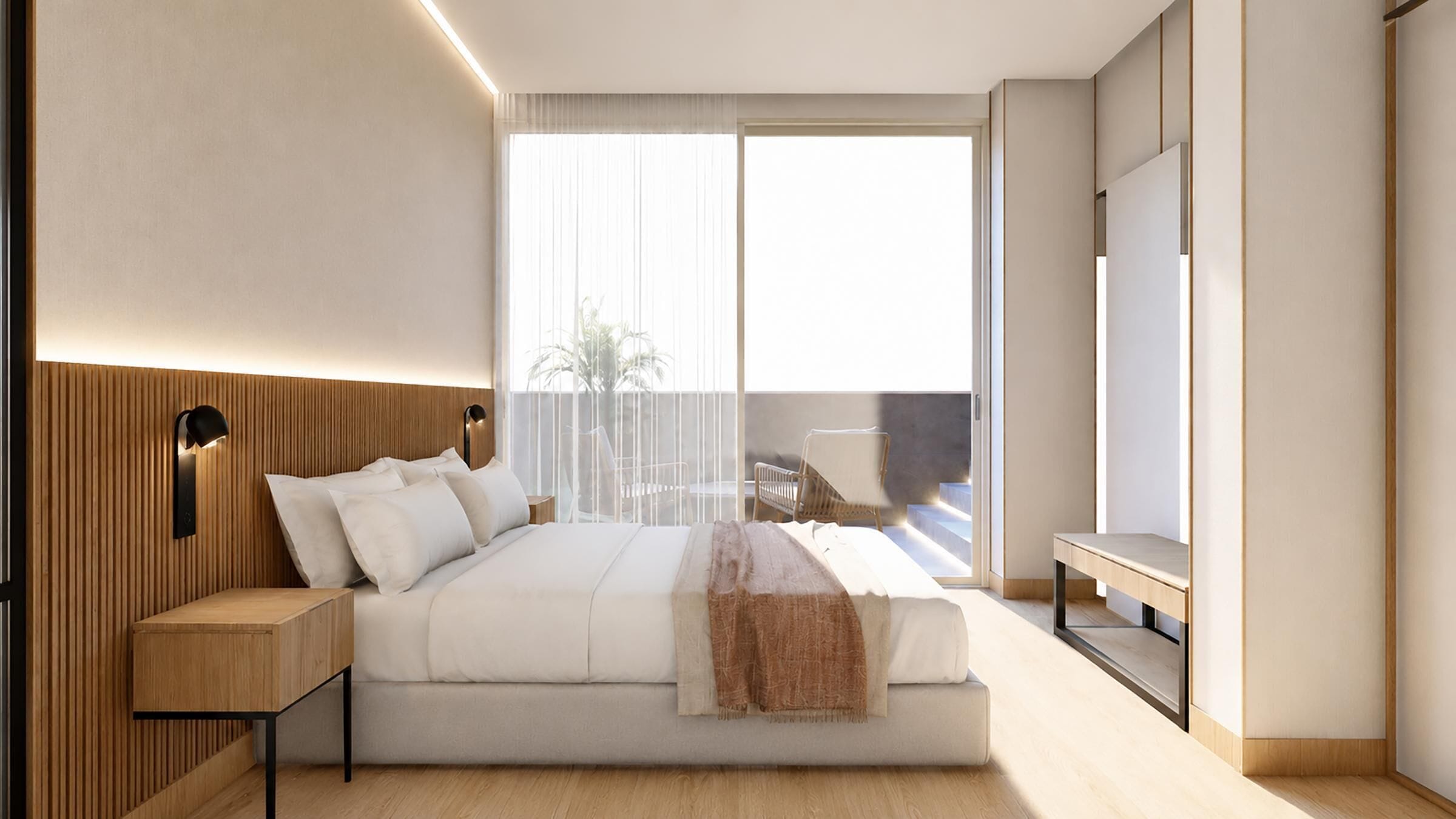 A modern hotel room with a large bed, bedside tables, a desk, and a view of the outdoors.