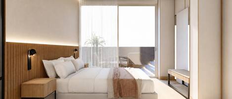 A modern hotel room with a large bed, bedside tables, a desk, and a view of the outdoors.