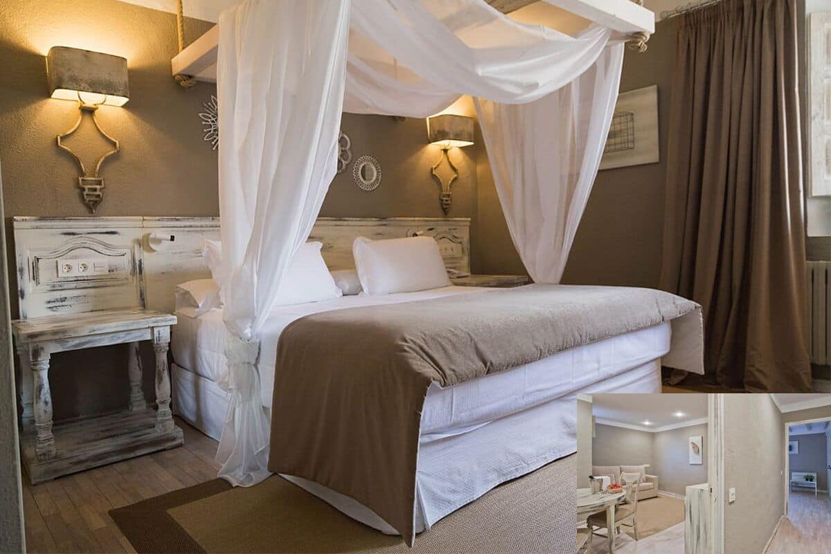 A bedroom with a four-poster bed, bedside lamps, and a nightstand.