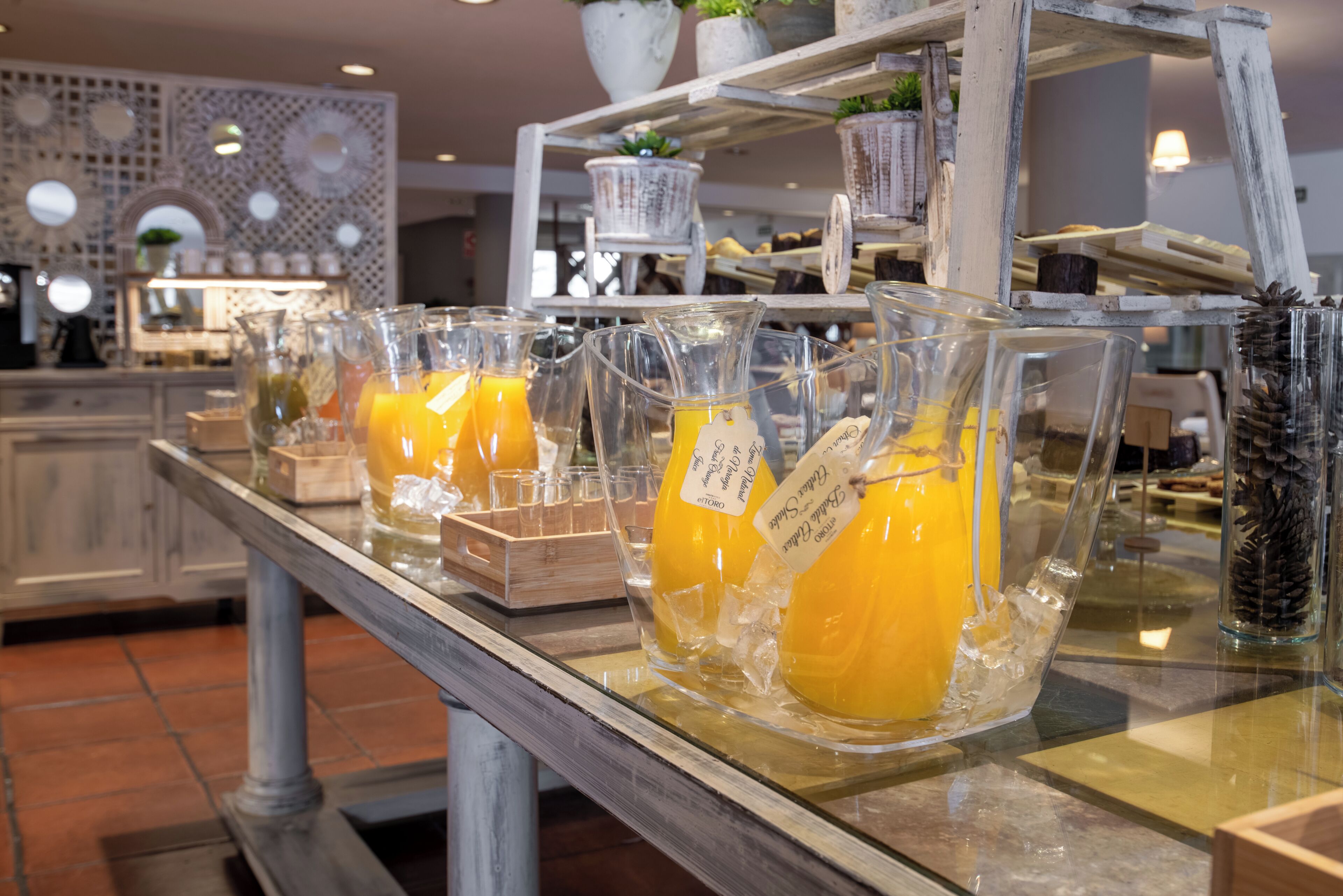 Una barra de desayuno con jarras de vidrio con jugo de naranja, una estantería de madera y plantas en macetas decorativas.