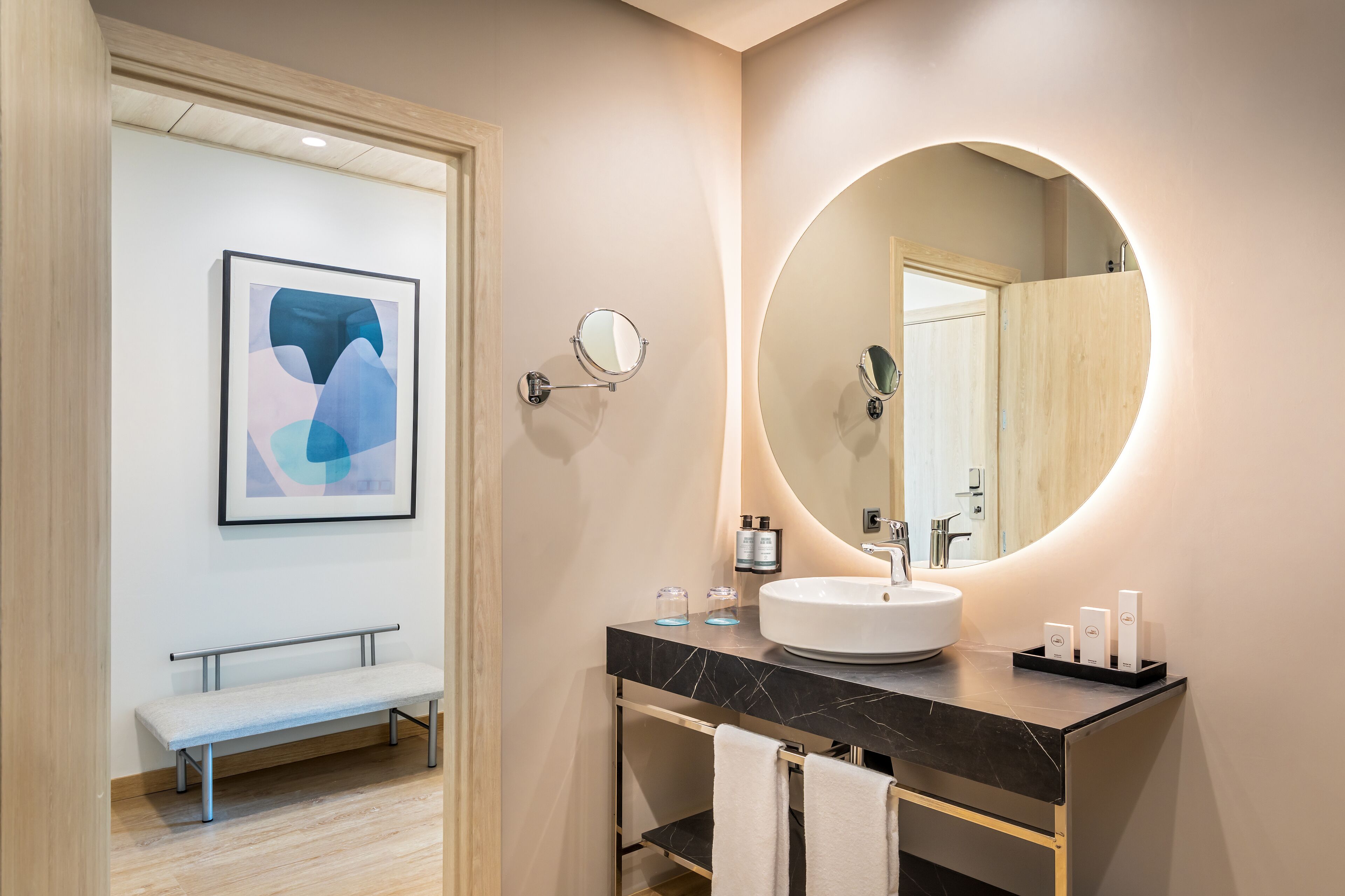 rainfall showerhead, hair dryer, towels, soap