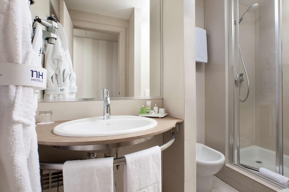 shower, eco-friendly toiletries, hair dryer, towels