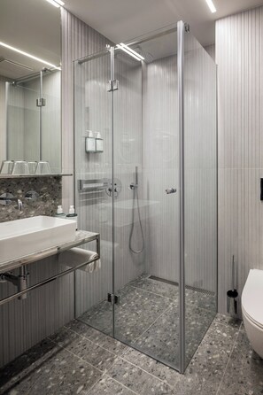 Shower, eco-friendly toiletries, hair dryer, towels
