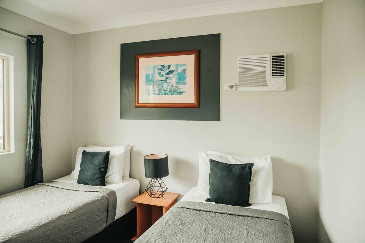 Une chambre d’hôtel avec deux lits simples, une petite table avec une lampe, un tableau encadré au mur et un appareil de climatisation.
