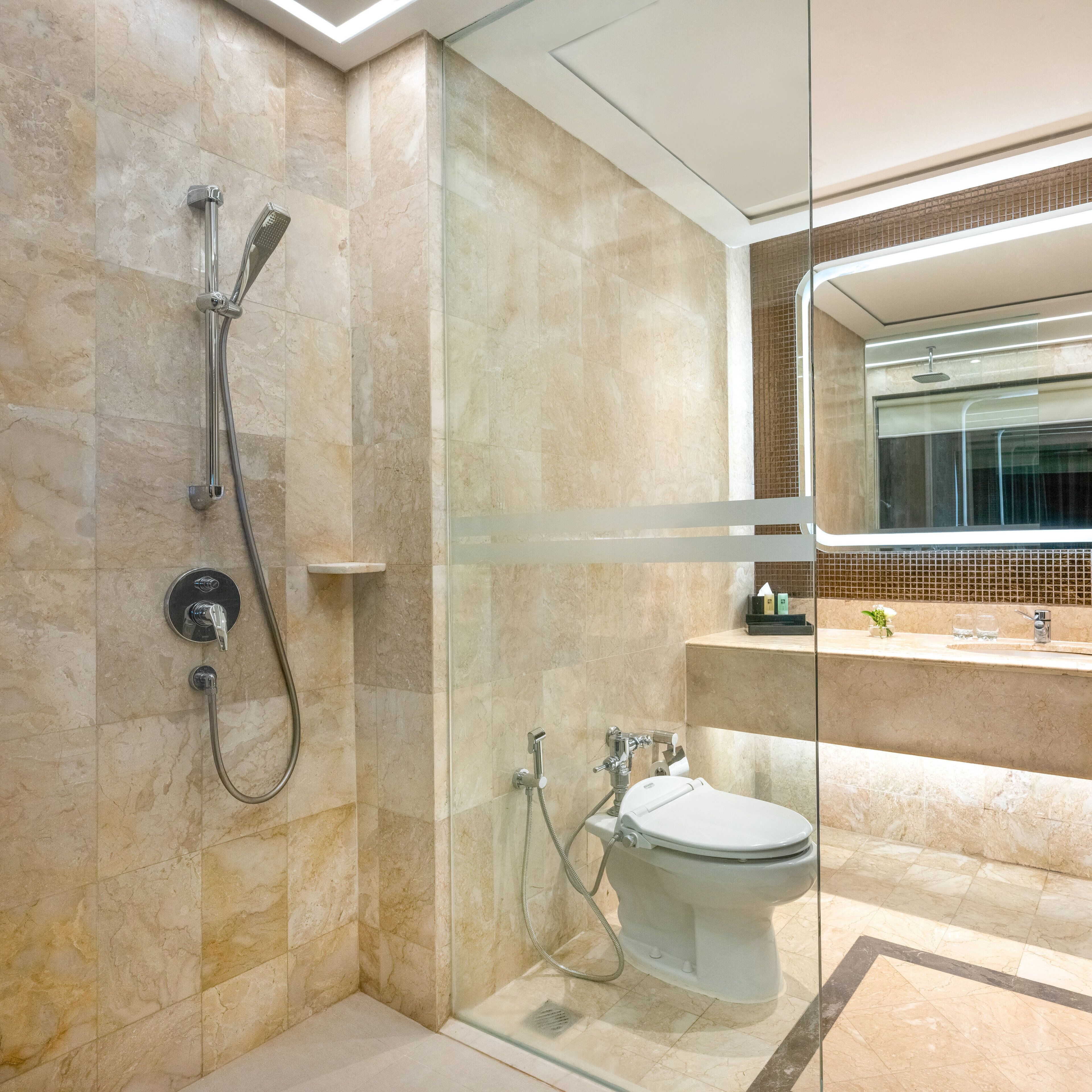 free toiletries, hair dryer, slippers, towels