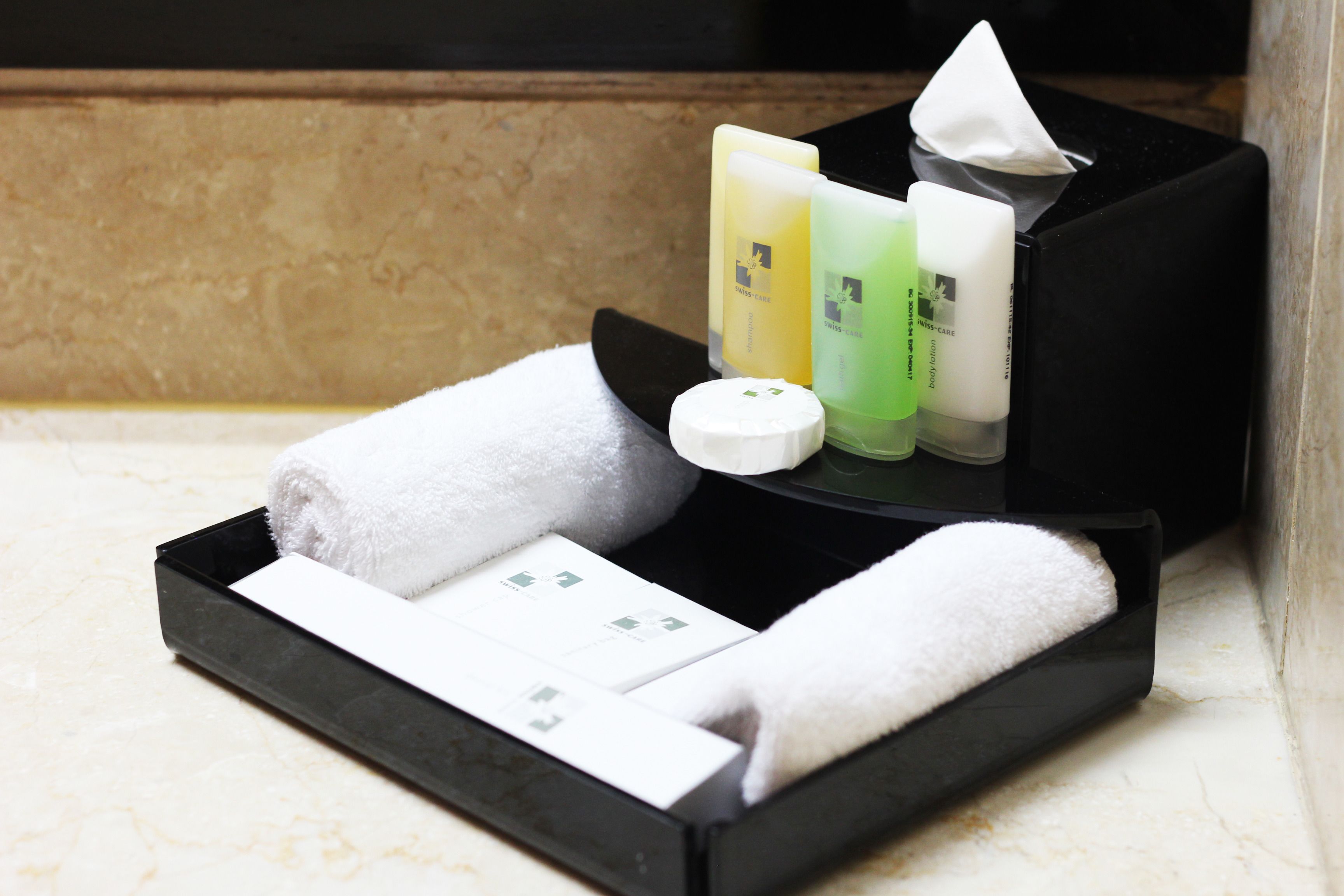 free toiletries, hair dryer, slippers, towels