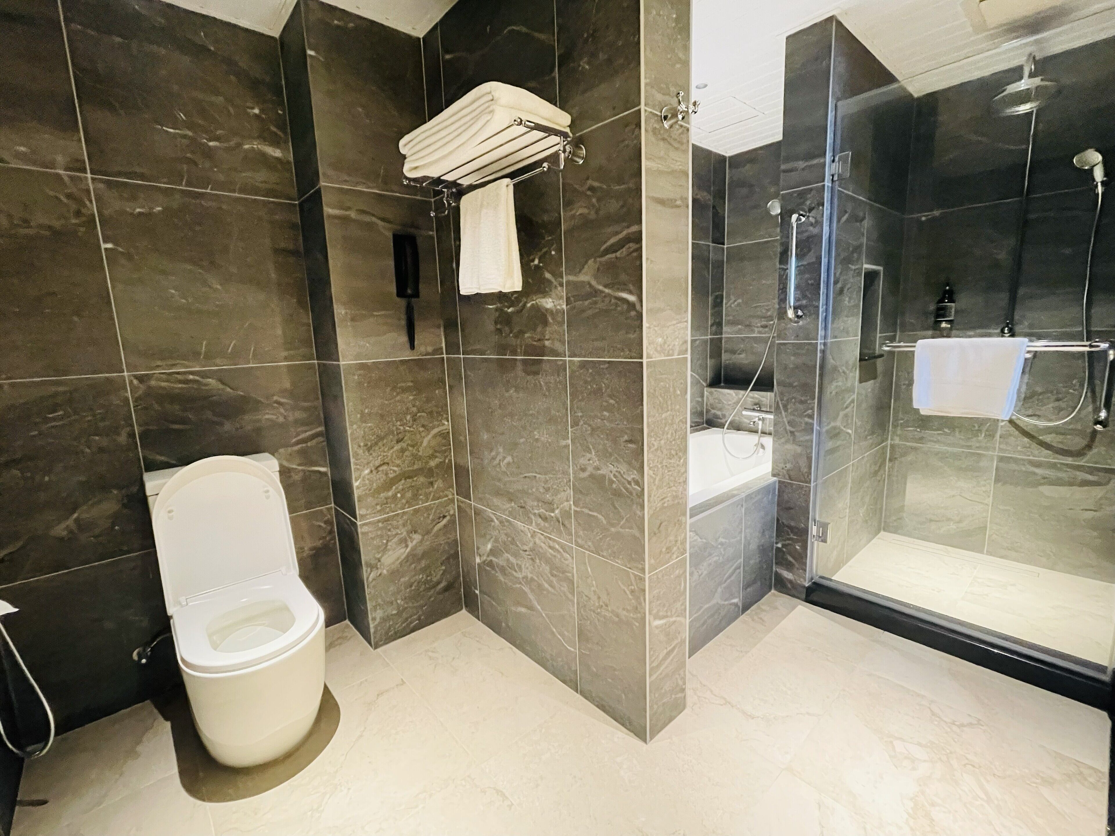 A modern bathroom with a toilet, a glass-enclosed shower, and a marble-tiled wall.