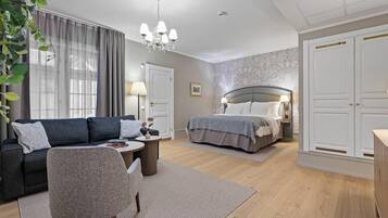 Desk, blackout drapes, bed sheets