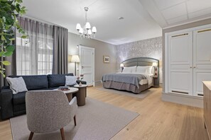 Desk, blackout drapes, bed sheets