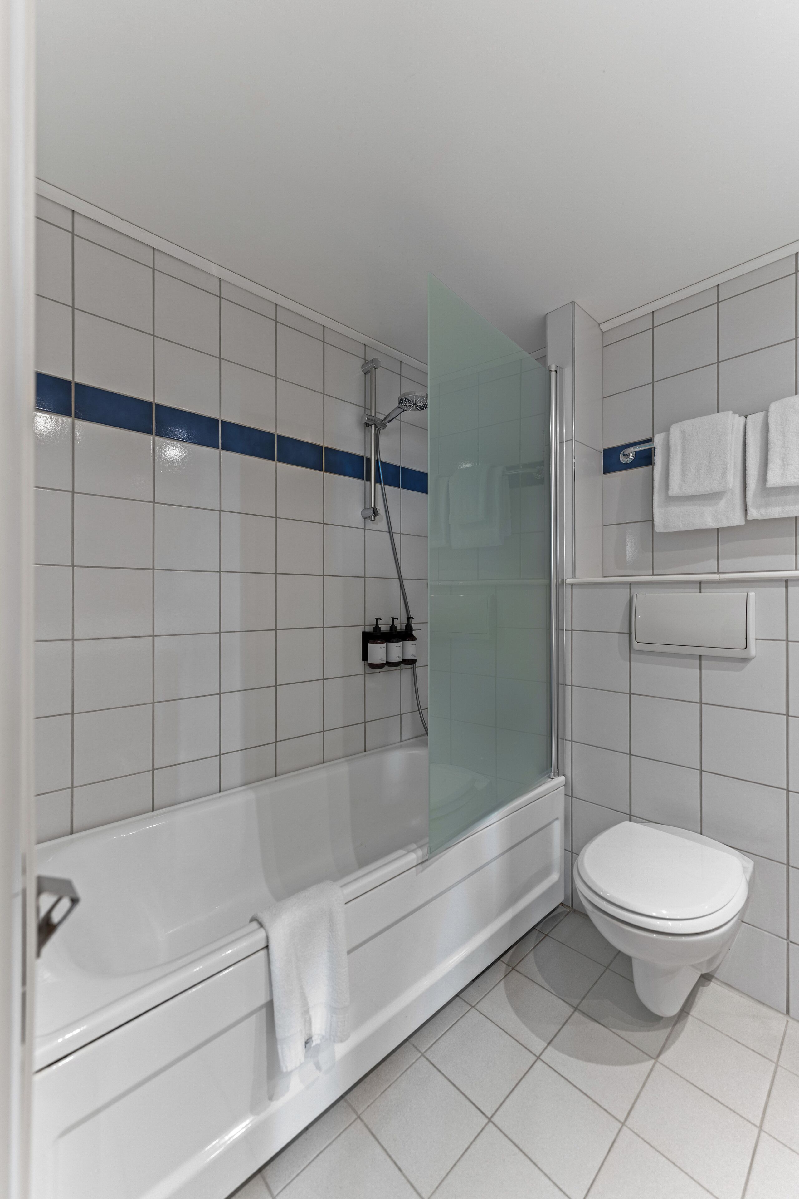 A modern bathroom with a bathtub, shower, and toilet.