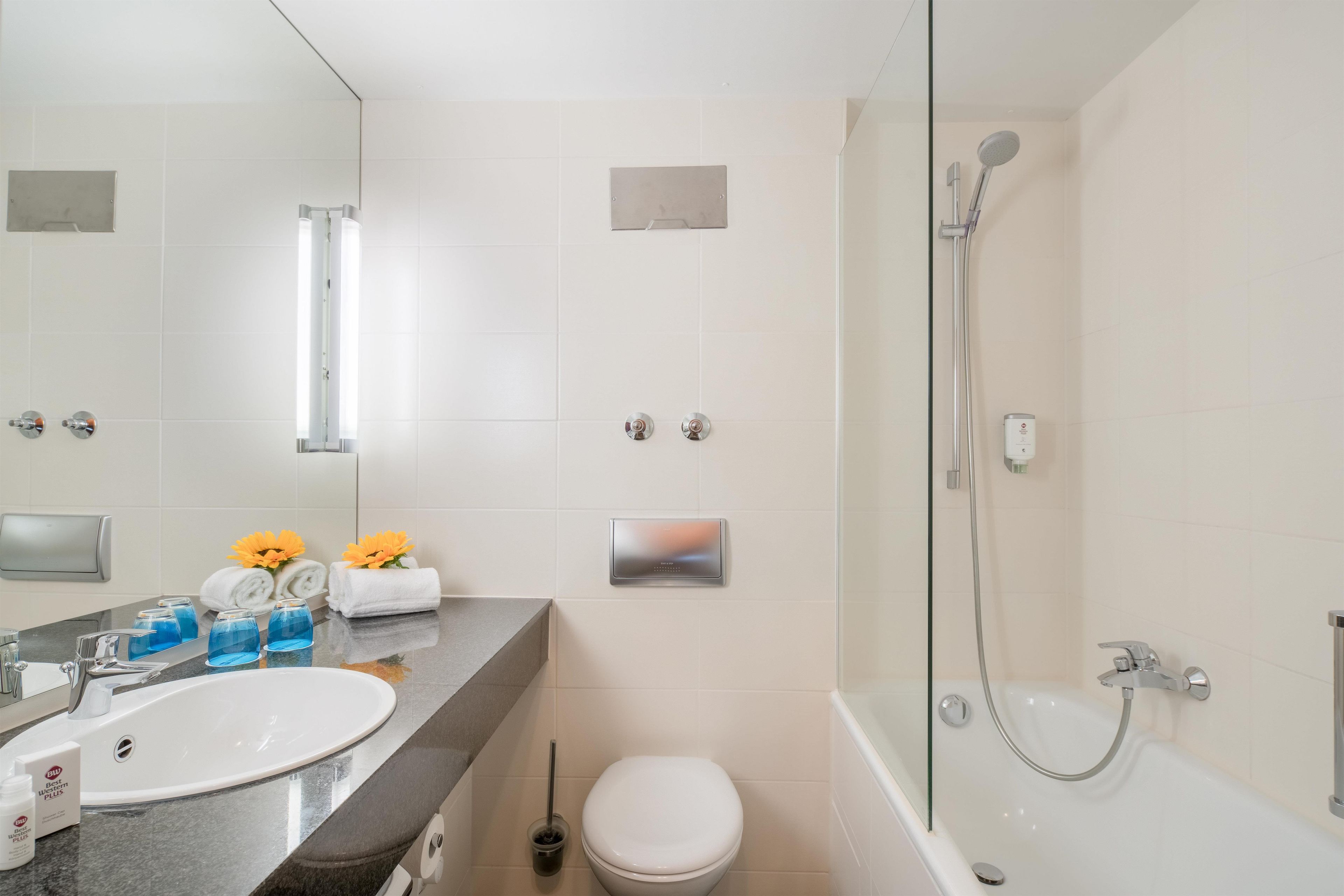 Une salle de bain moderne équipée d’un lavabo, de toilettes et d’une douche.