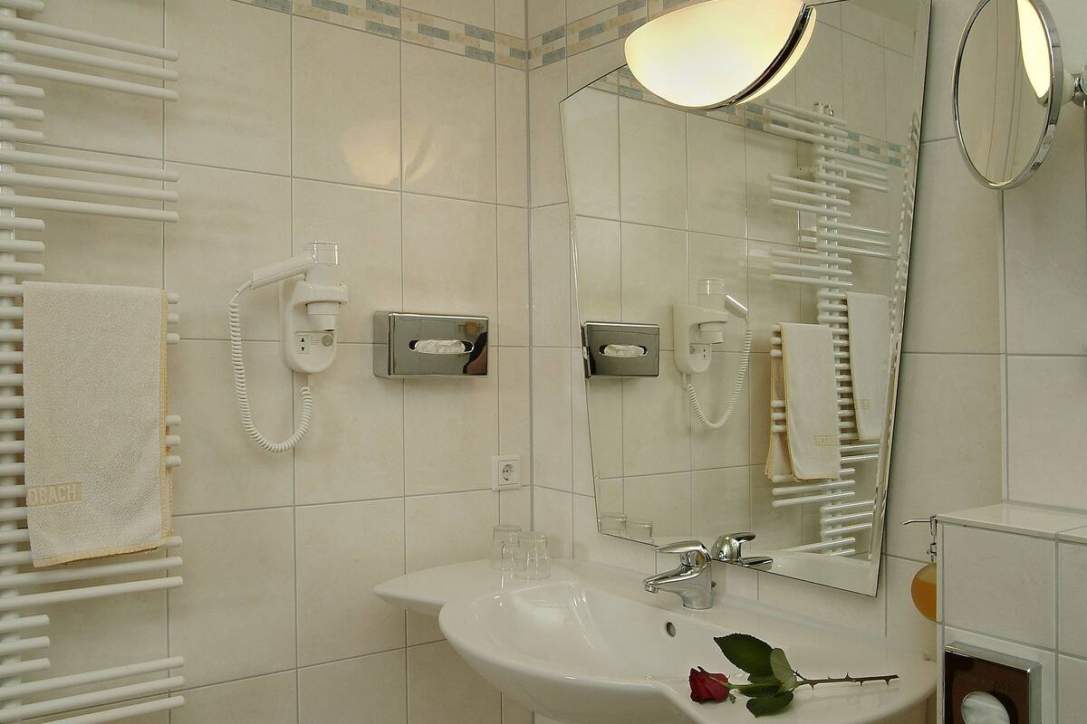 hair dryer, towels, soap, shampoo