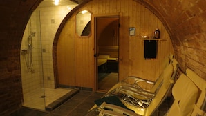A sauna room with wooden walls, a bench, and a shower area. - Hotel Elefant (Schwerin)