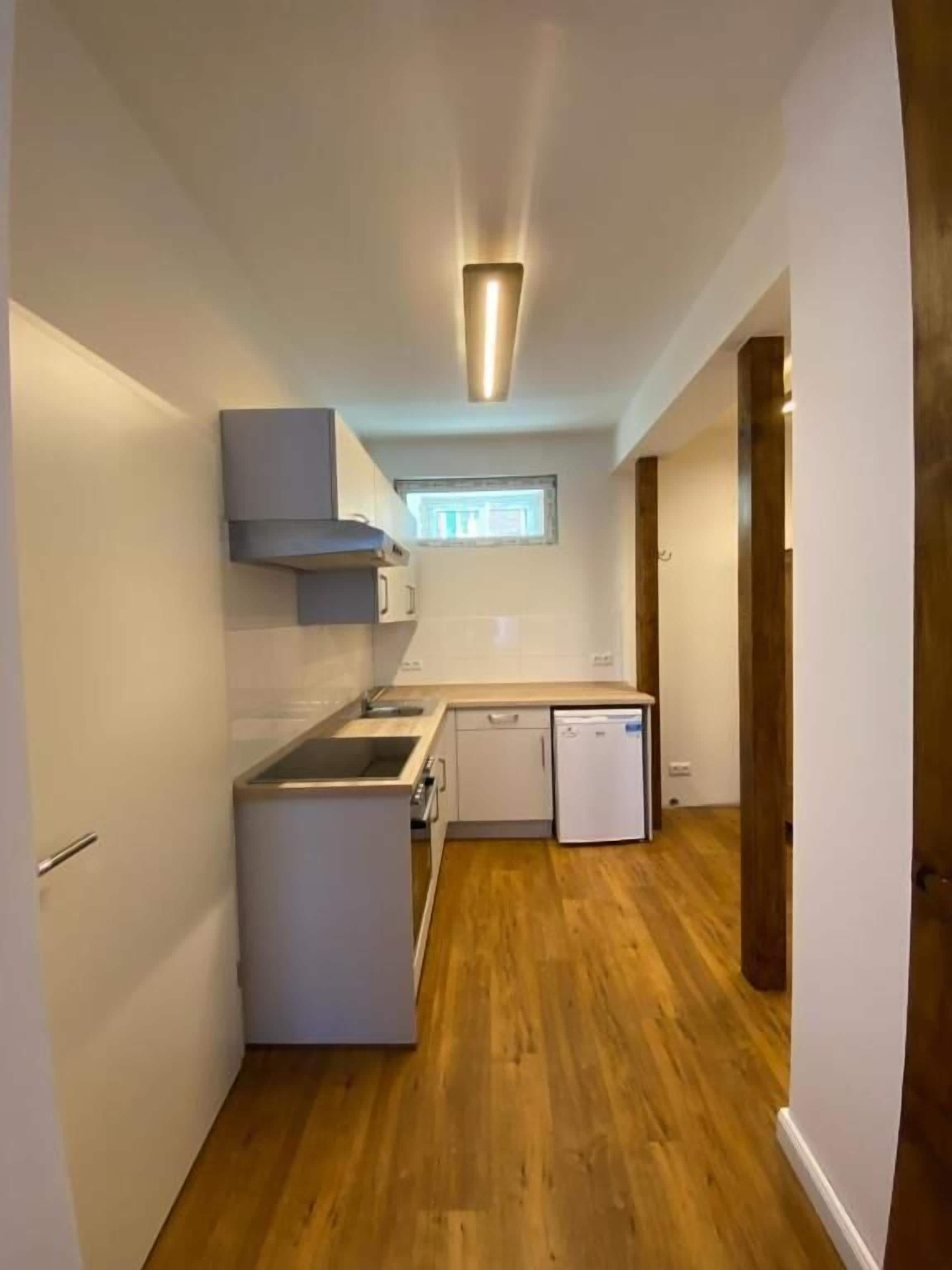 A narrow kitchen with a built-in oven, microwave, and dishwasher.