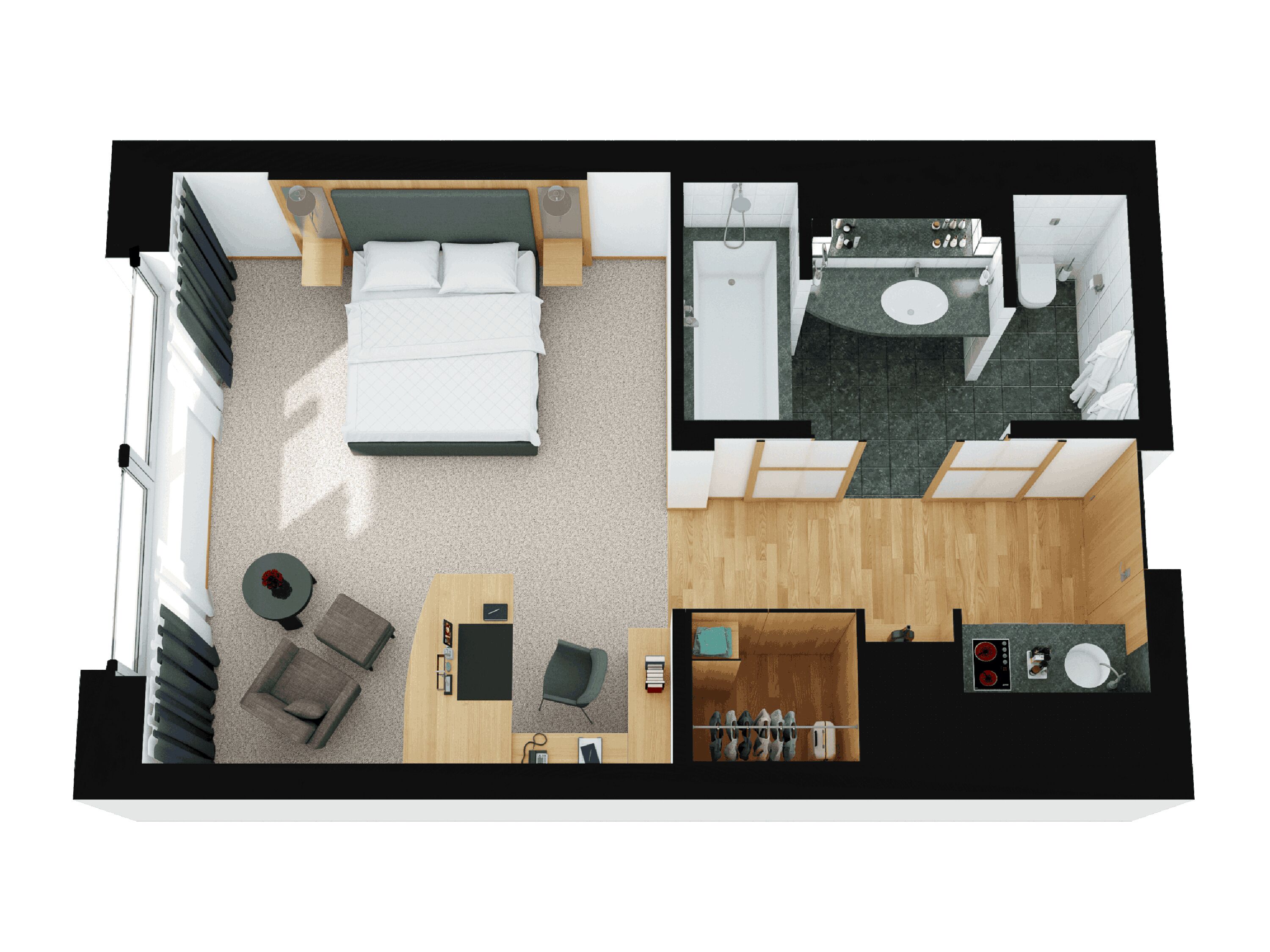 Distribución de una habitación de hotel con cama, escritorio, silla, una mesita, sofá, baño con lavamanos e inodoro, y zona de ducha.
