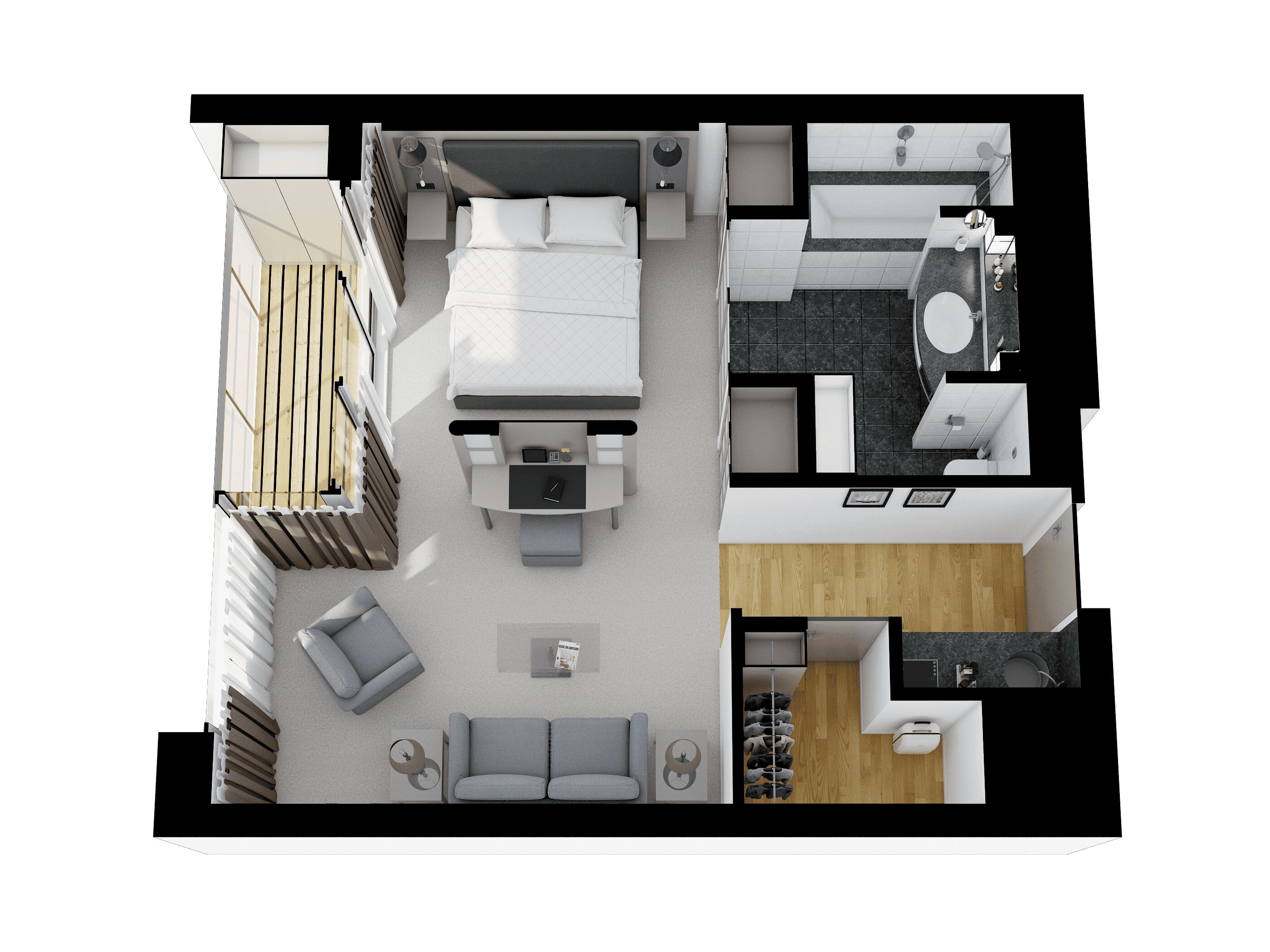 Distribución moderna de una habitación de hotel con cama, zona de estar y una pequeña kitchenette.