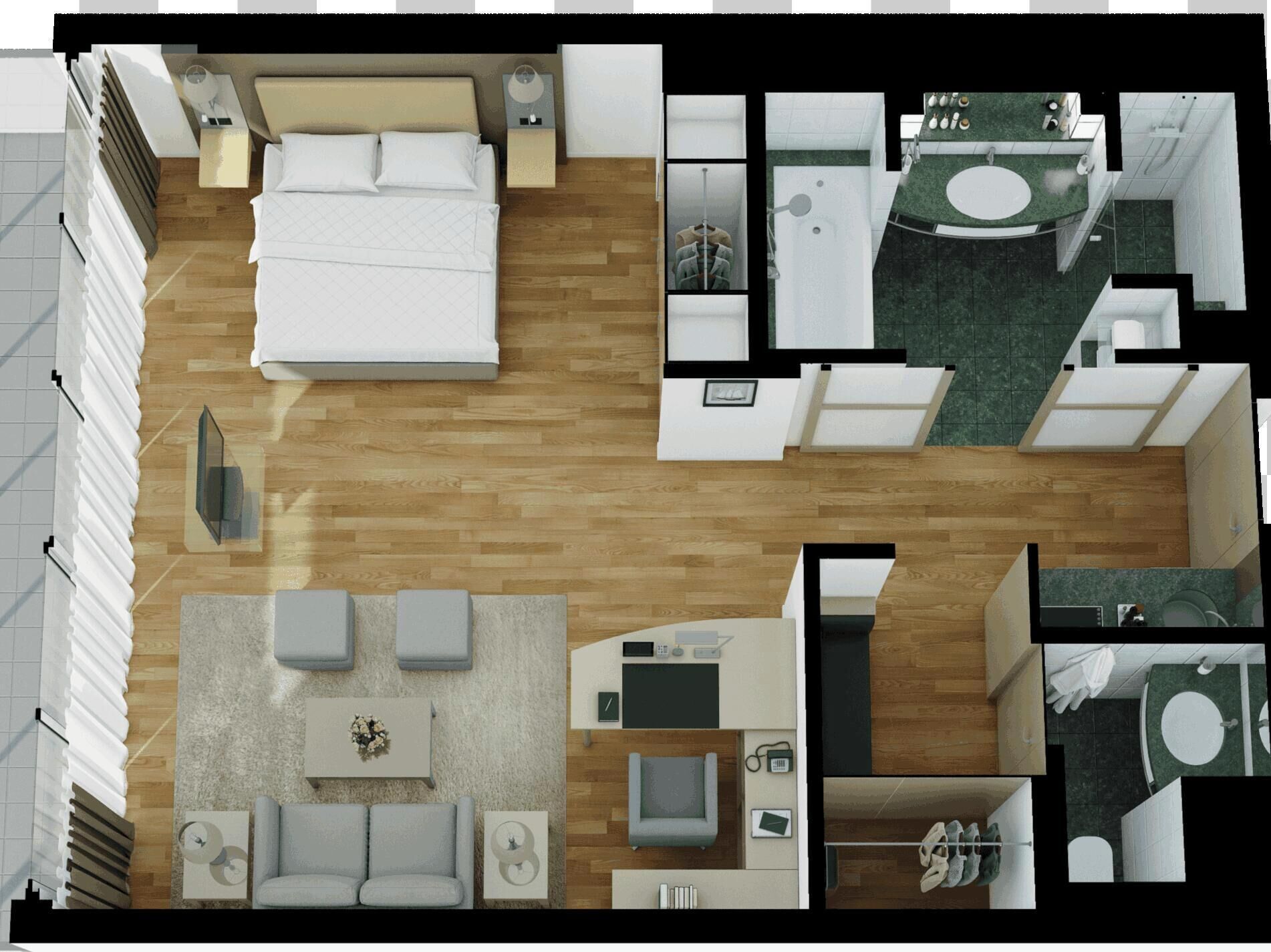 Distribución de una habitación de hotel con cama, sofá y una pequeña kitchenette.