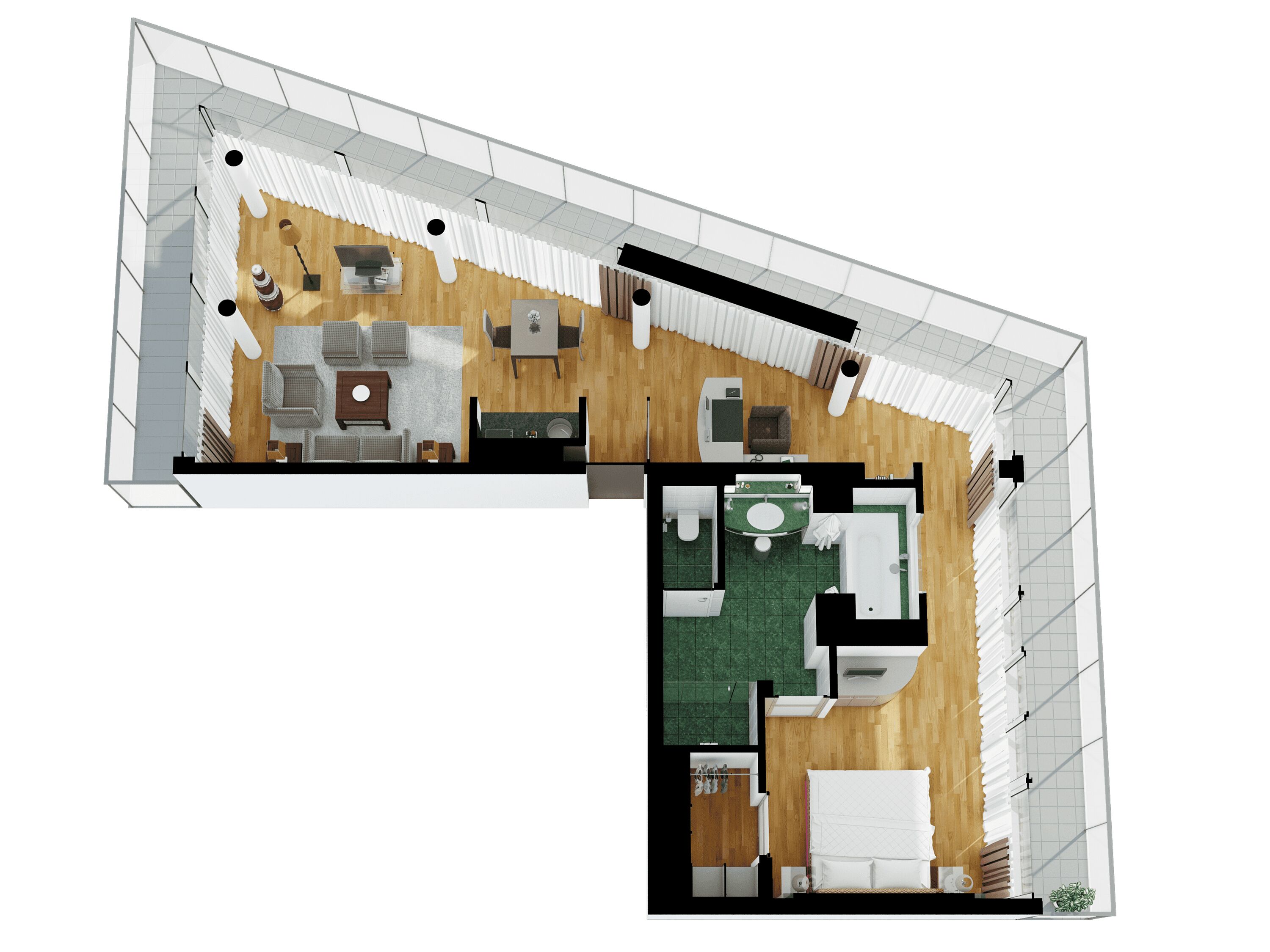 A 2D floor plan of a hotel room with a kitchenette, a dining area, a bathroom, and a living area.