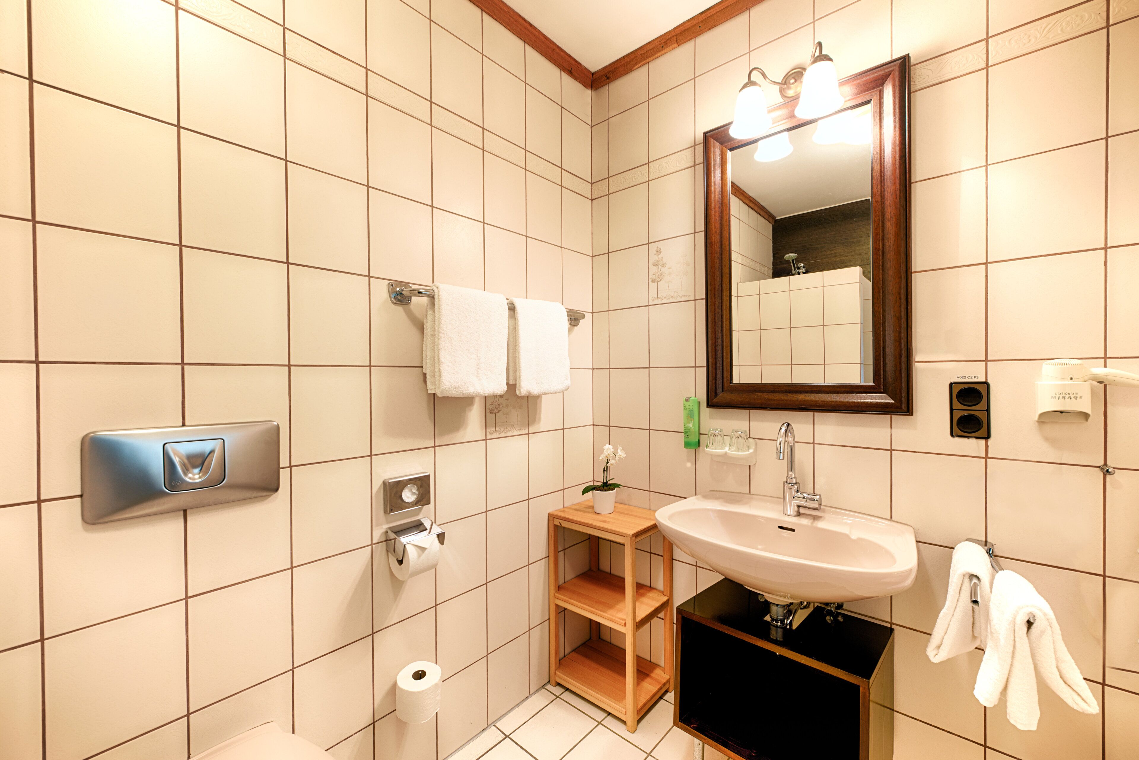 Un baño moderno con un espejo grande, un lavamanos y un inodoro. Hay dos toallas colgadas en la pared y un pequeño estante de madera con una planta.