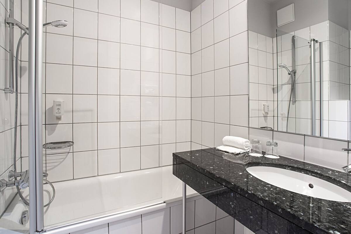 free toiletries, hair dryer, towels