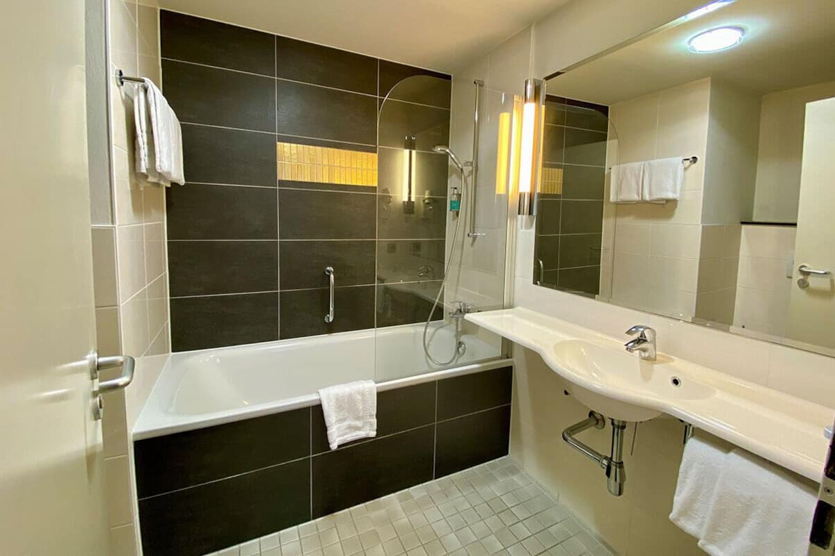 hair dryer, towels, soap, shampoo