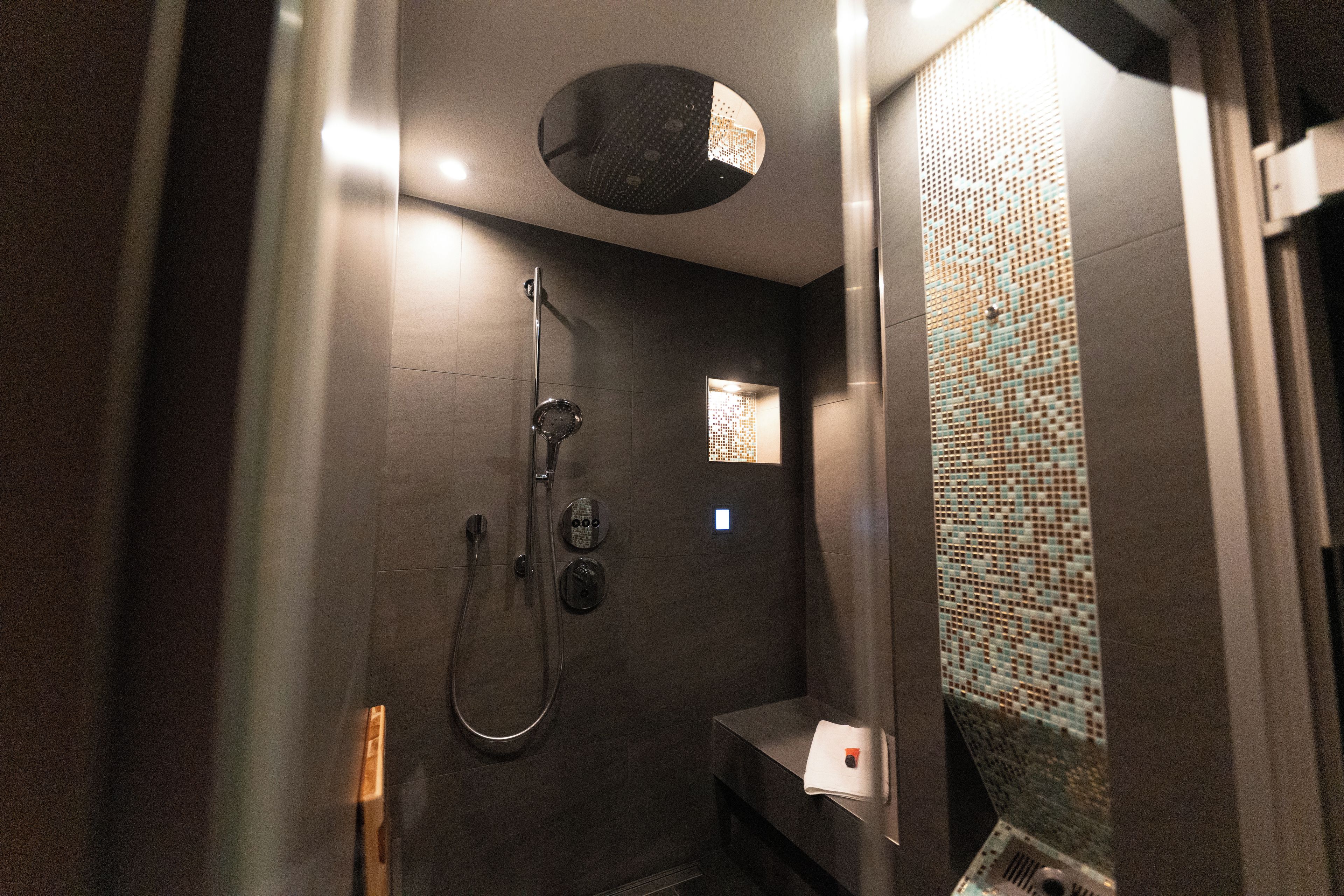 Une douche moderne dotée d’un pommeau de douche à main et d’un robinet mural.