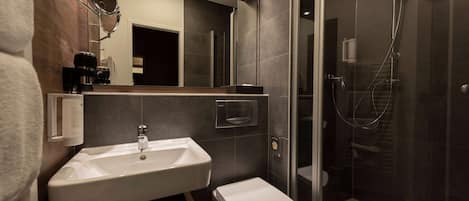 Shower, rainfall showerhead, eco-friendly toiletries, hair dryer