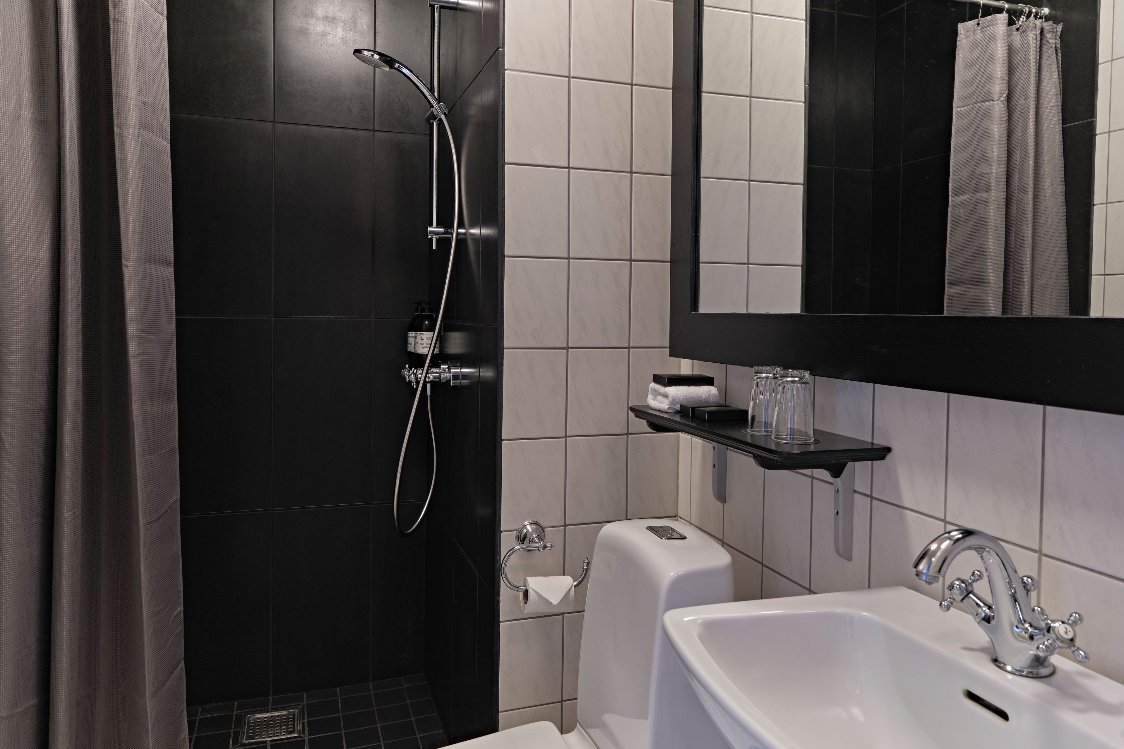 A modern bathroom with a bathtub, a shower, and a toilet.