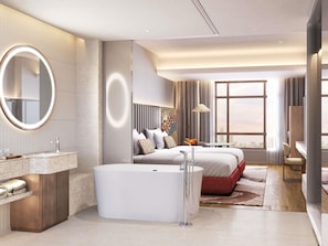 Una habitación de hotel moderna con una cama grande, un baño independiente con bañera, un espejo redondo y vistas a la ciudad desde la ventana.