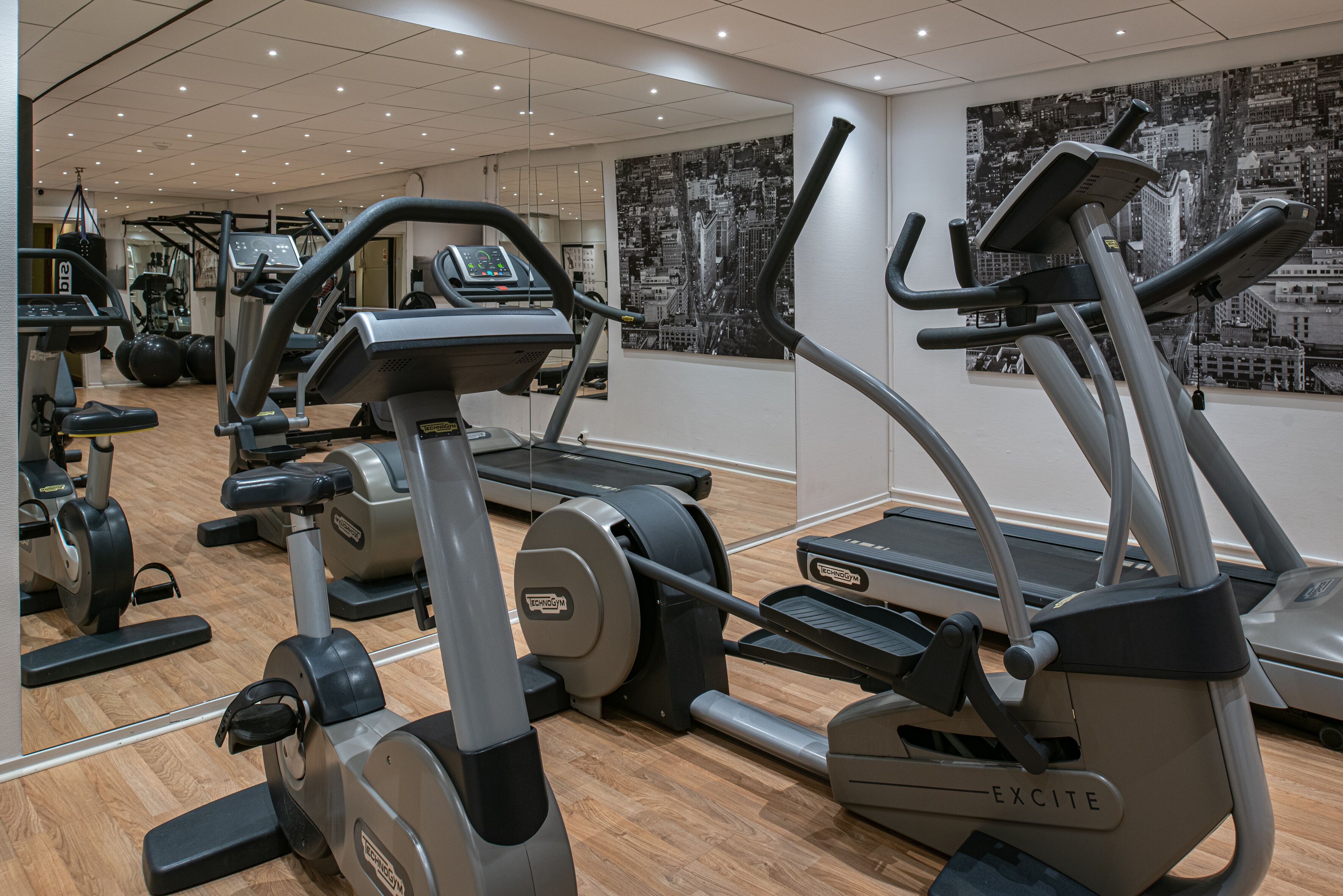 Een sportschool met loopbanden, elliptische trainers en gewichtsapparaten.