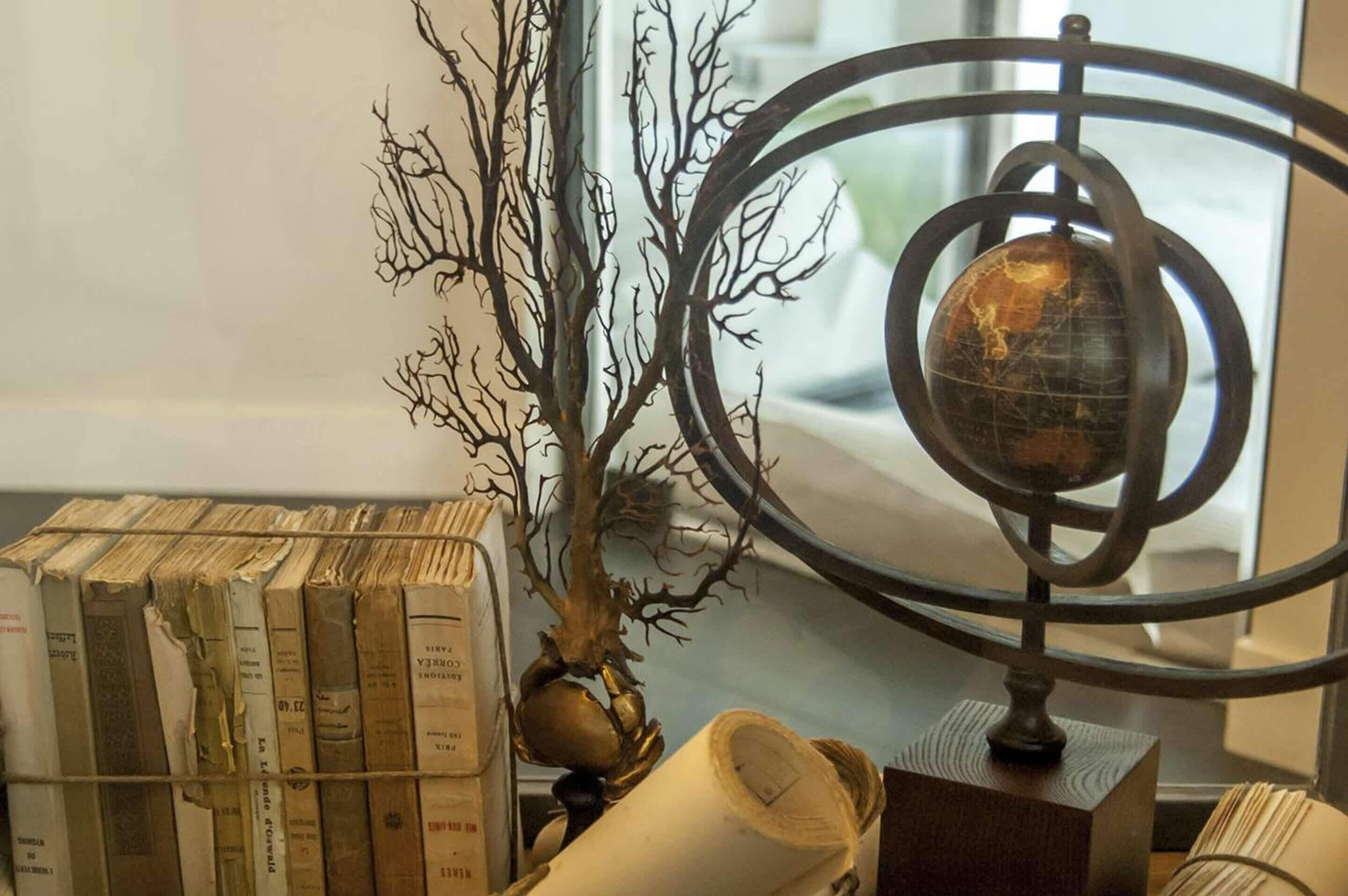 Una estantería con libros antiguos, un globo terráqueo y una planta decorativa.