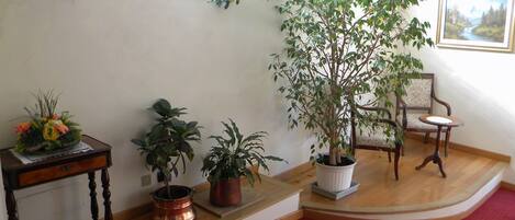 A room with a wooden floor, a red carpet, a wooden table with a plant, a chair, and a painting on the wall.