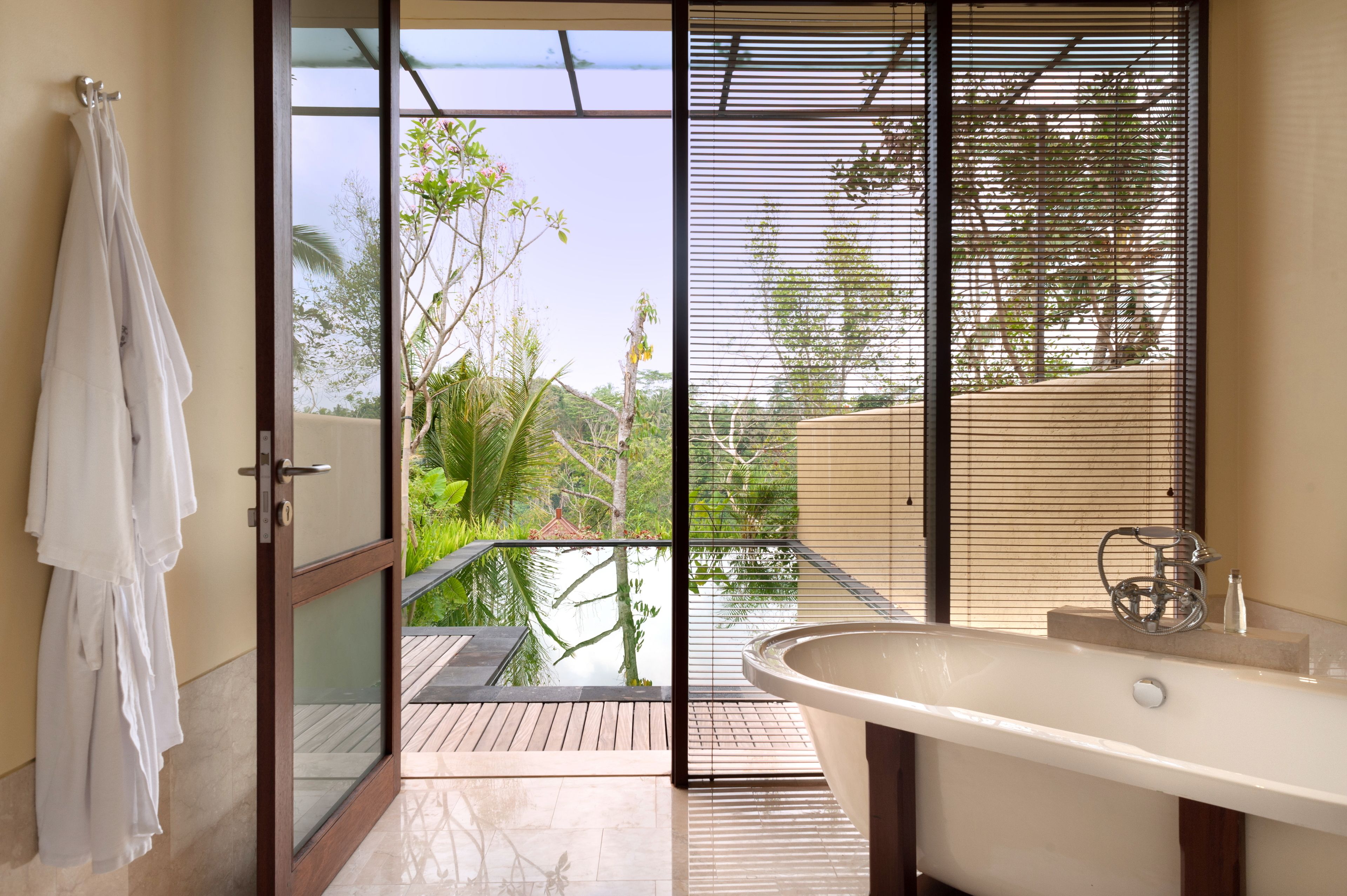 separate bathtub and shower, free toiletries, hair dryer, bathrobes